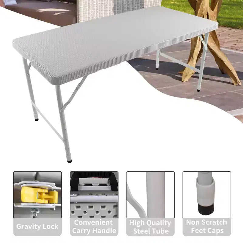 Tavolo Pieghevole in Rattan da 120 cm, Marrone/Bianco, 4 Posti