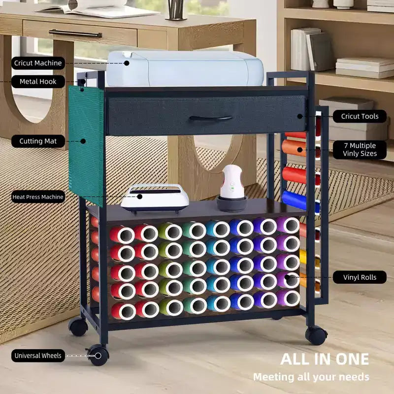 Carrello Portatutto Artigianale con Cassetto in Tessuto e 47 Porta Rotoli in Vinile Bianco/Nero
