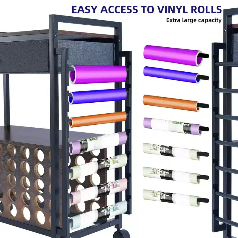 Carrello Portatutto Artigianale con Cassetto in Tessuto e 47 Porta Rotoli in Vinile Bianco/Nero
