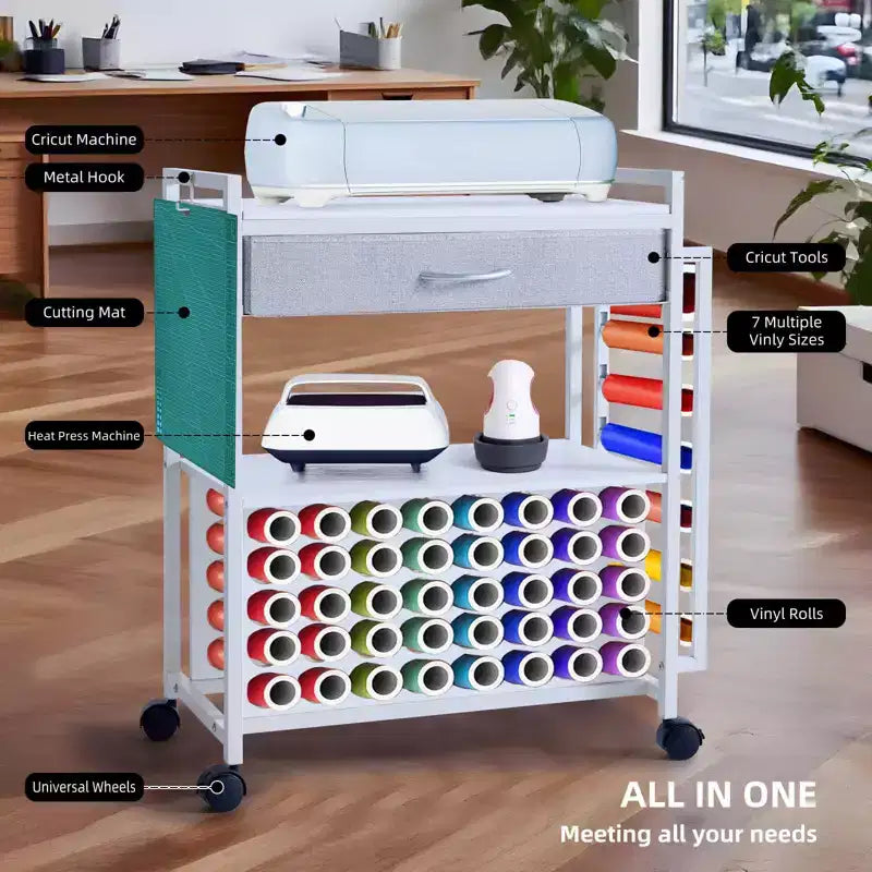 Carrello Portatutto Artigianale con Cassetto in Tessuto e 47 Porta Rotoli in Vinile Bianco/Nero