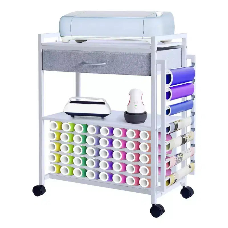 Carrello Portatutto Artigianale con Cassetto in Tessuto e 47 Porta Rotoli in Vinile Bianco/Nero