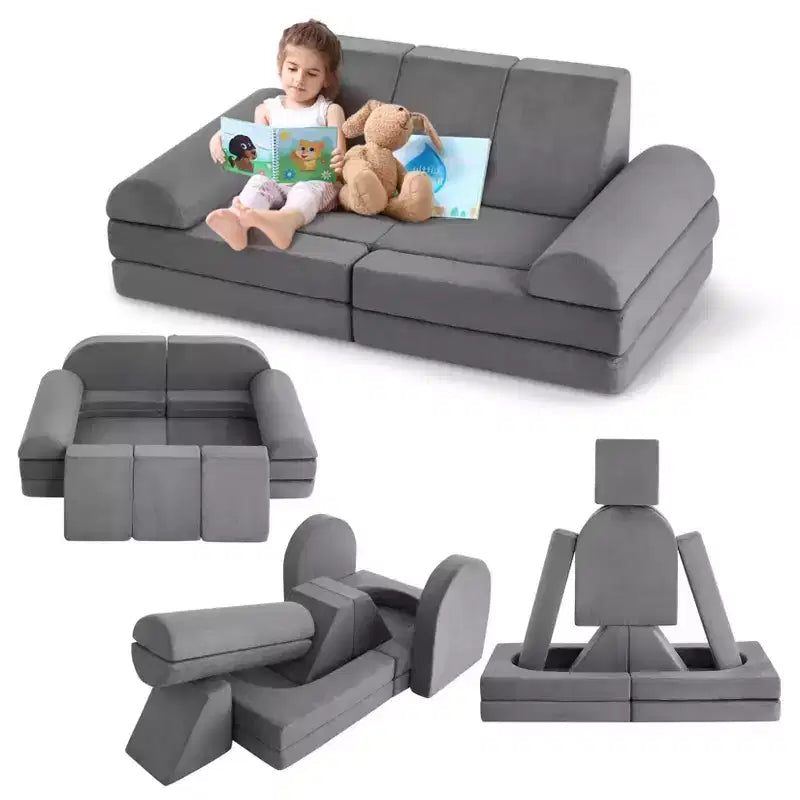 10 Pcs Modular Kids Play Couch, Soft Foam Toddler Couch with Ball Pit for Boys Girls, Convertible Child Sectional Sofa, Gray