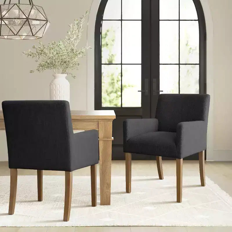 Set di 2 Poltrone Imbottite in Lino con Braccioli — Beige / Nero / Blu / Crema / Verde Scuro / Grigio, Gambe in Legno Massello, Posti a Sedere per 2