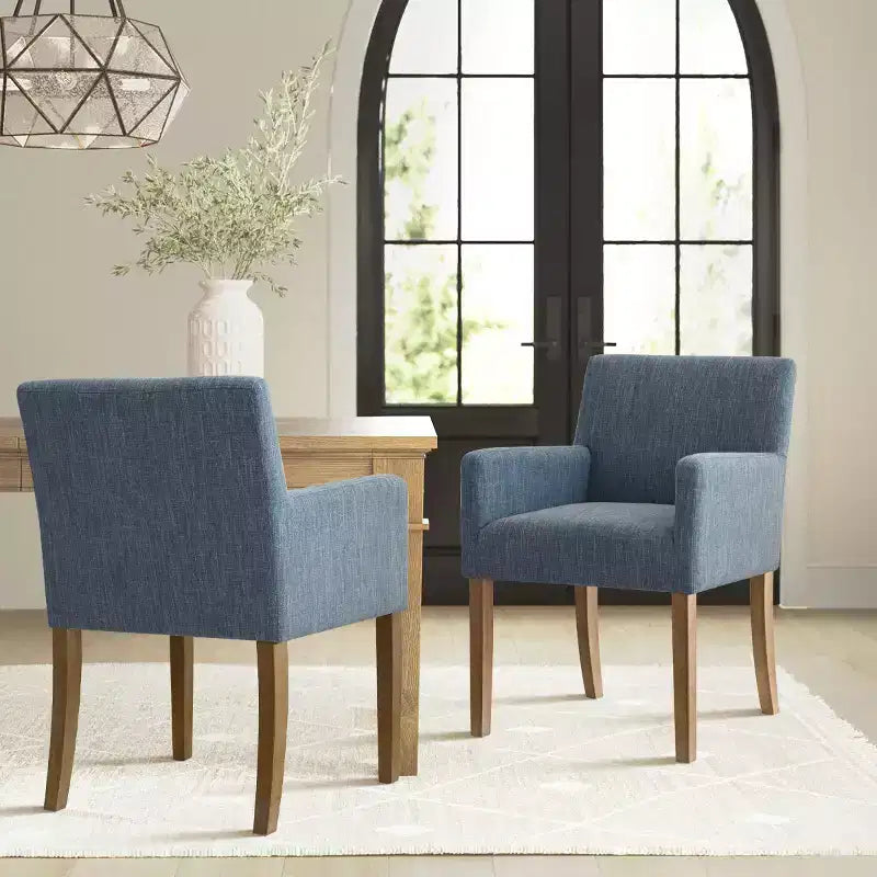 Set di 2 Poltrone Imbottite in Lino con Braccioli — Beige / Nero / Blu / Crema / Verde Scuro / Grigio, Gambe in Legno Massello, Posti a Sedere per 2