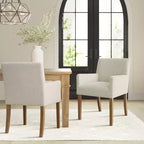 Set di 2 Poltrone Imbottite in Lino con Braccioli — Beige / Nero / Blu / Crema / Verde Scuro / Grigio, Gambe in Legno Massello, Posti a Sedere per 2
