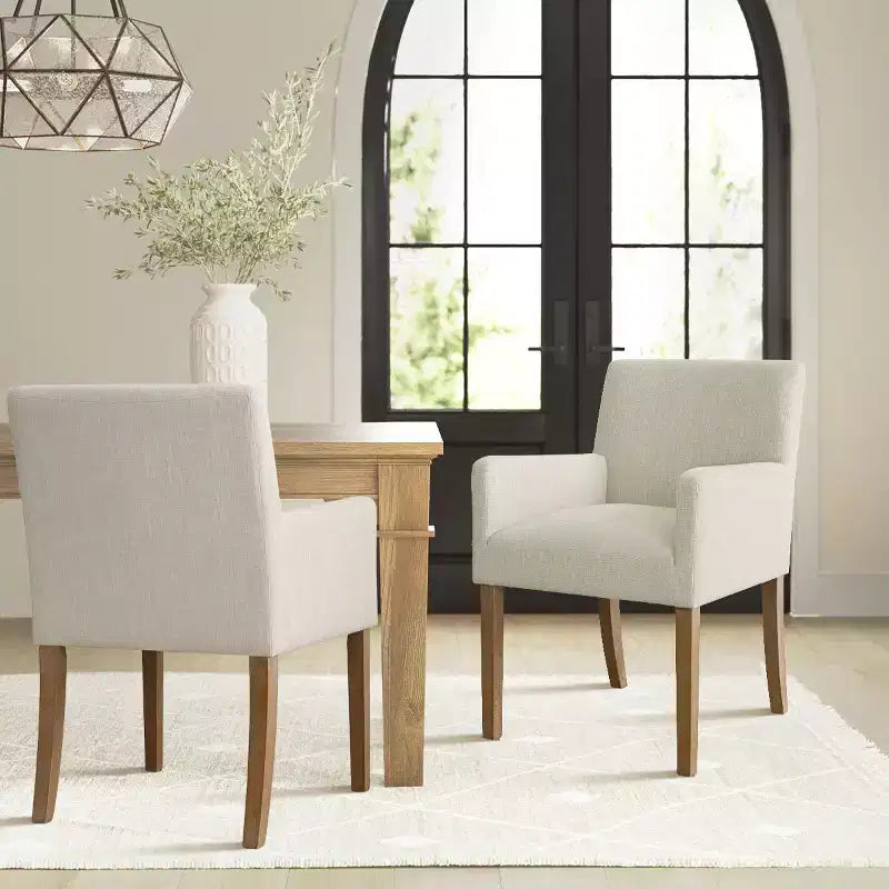 Set di 2 Poltrone Imbottite in Lino con Braccioli — Beige / Nero / Blu / Crema / Verde Scuro / Grigio, Gambe in Legno Massello, Posti a Sedere per 2