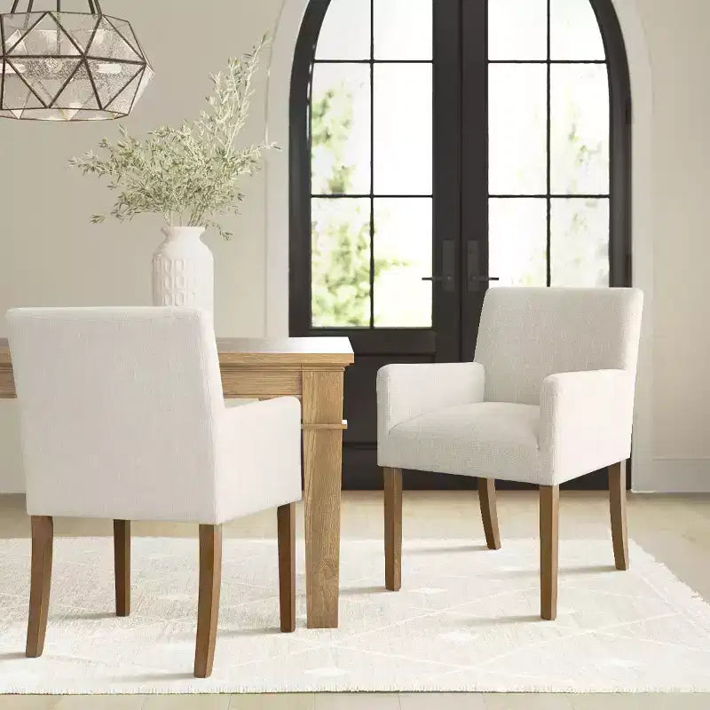 Set di 2 Poltrone Imbottite in Lino con Braccioli — Beige / Nero / Blu / Crema / Verde Scuro / Grigio, Gambe in Legno Massello, Posti a Sedere per 2