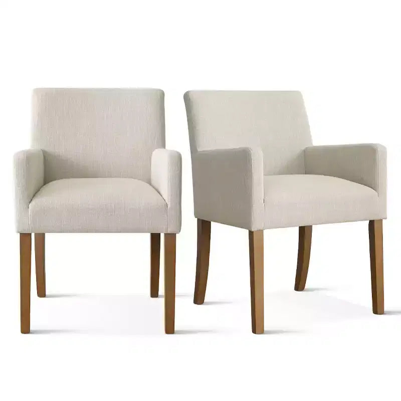 Set di 2 Poltrone Imbottite in Lino con Braccioli — Beige / Nero / Blu / Crema / Verde Scuro / Grigio, Gambe in Legno Massello, Posti a Sedere per 2