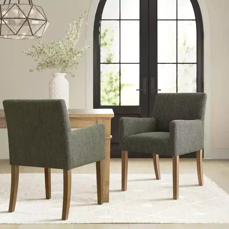 Set di 2 Poltrone Imbottite in Lino con Braccioli — Beige / Nero / Blu / Crema / Verde Scuro / Grigio, Gambe in Legno Massello, Posti a Sedere per 2