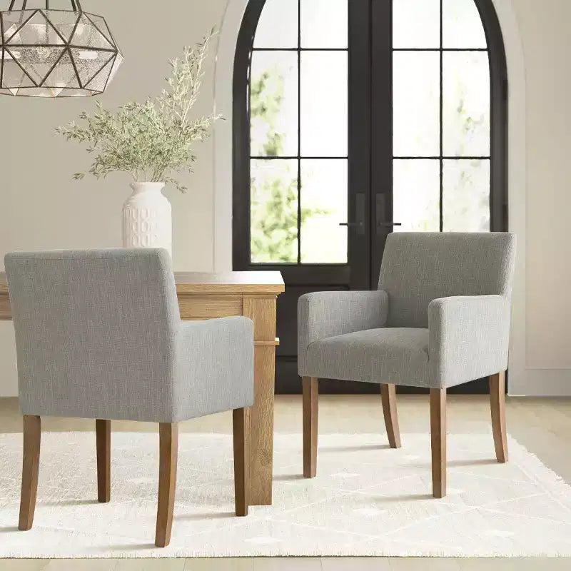 Set di 2 Poltrone Imbottite in Lino con Braccioli — Beige / Nero / Blu / Crema / Verde Scuro / Grigio, Gambe in Legno Massello, Posti a Sedere per 2
