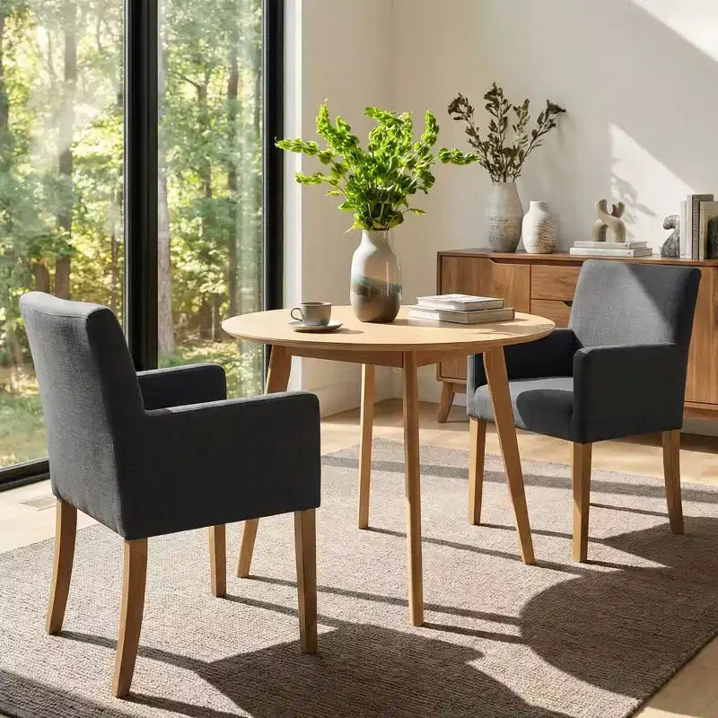 Set di 2 Poltrone Imbottite in Lino con Braccioli — Beige / Nero / Blu / Crema / Verde Scuro / Grigio, Gambe in Legno Massello, Posti a Sedere per 2