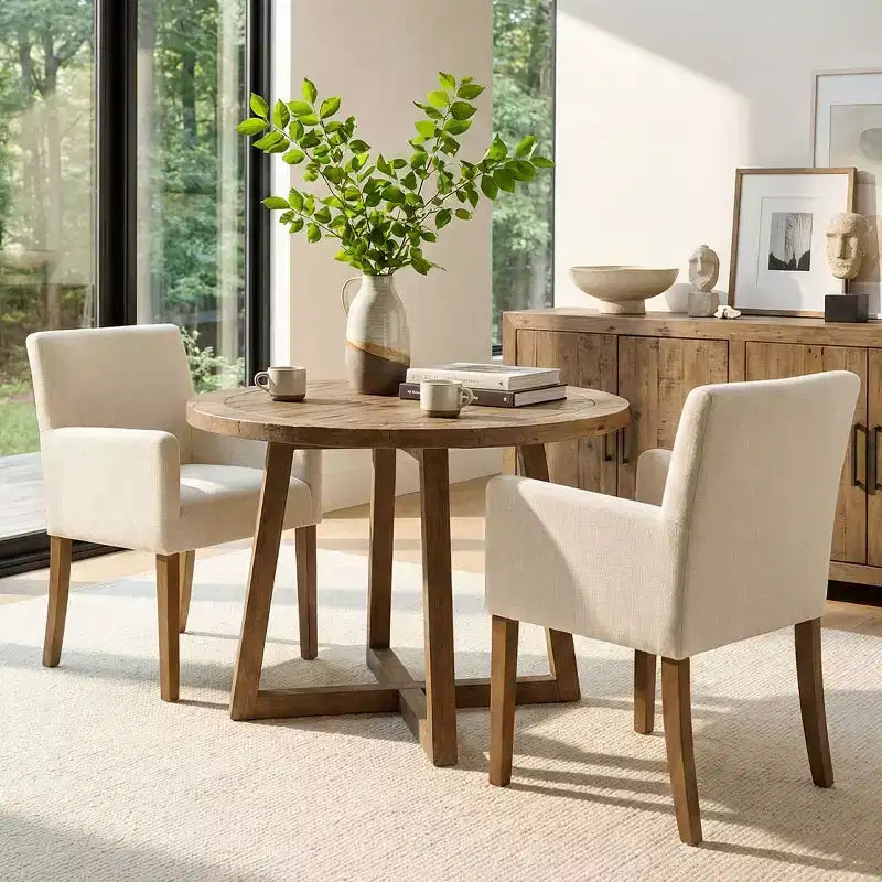 Set di 2 Poltrone Imbottite in Lino con Braccioli — Beige / Nero / Blu / Crema / Verde Scuro / Grigio, Gambe in Legno Massello, Posti a Sedere per 2