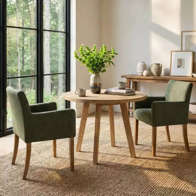 Set di 2 Poltrone Imbottite in Lino con Braccioli — Beige / Nero / Blu / Crema / Verde Scuro / Grigio, Gambe in Legno Massello, Posti a Sedere per 2