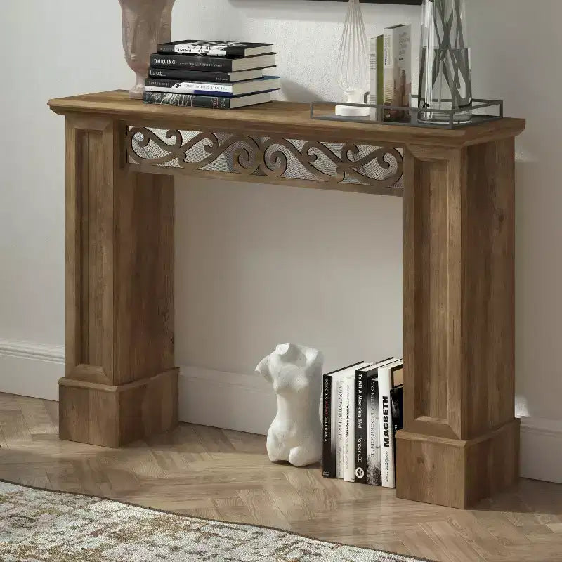 Consolle in Legno Marrone con Specchio e Design Intagliato Decorativo