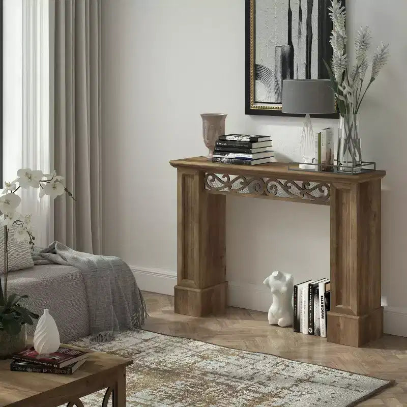 Consolle in Legno Marrone con Specchio e Design Intagliato Decorativo