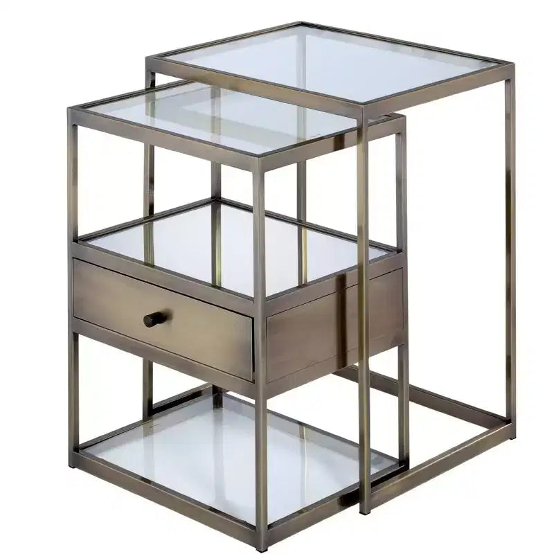 Set di 2 Tavolini Nido Marroni, Stile Industriale con Cassetto