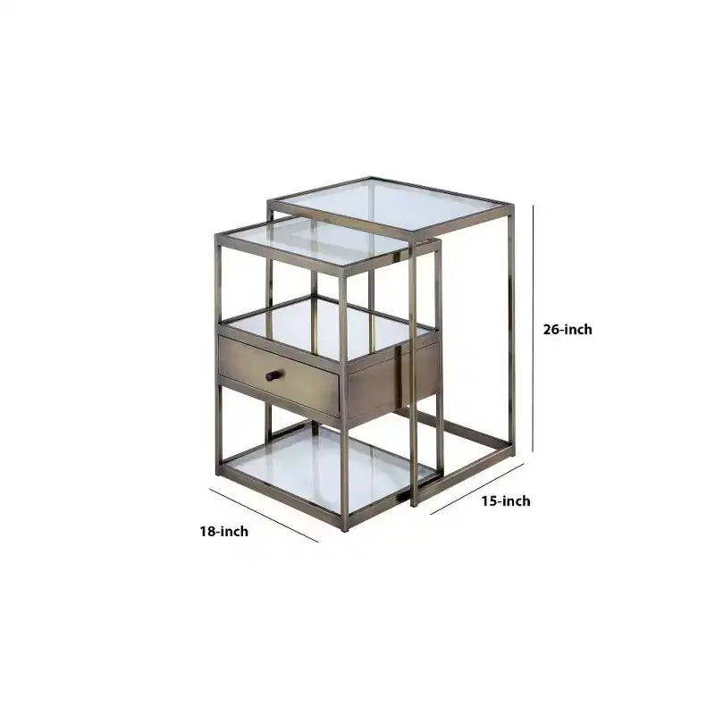 Set di 2 Tavolini Nido Marroni, Stile Industriale con Cassetto
