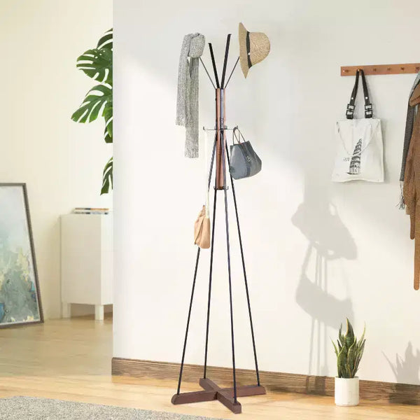 Okak Industrail Freestanding Coat Rack with Wooden Cross Base, Unique Storage Rack with 8 Hooks, Coat Tree for Living Room, Bedroom, Natural