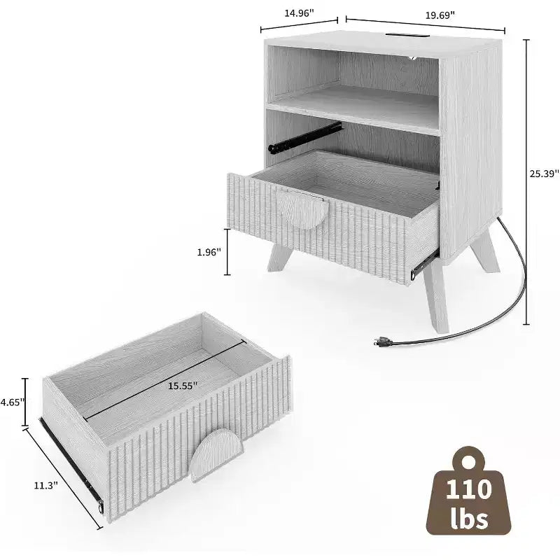 Comodino Grigio Rovere / Noce Scanalato con 2 Cassetti e Ripiano Aperto, 1–2 PEZZI