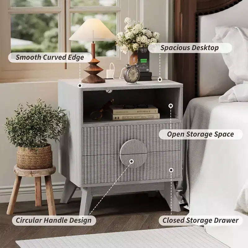 Comodino Grigio Rovere / Noce Scanalato con 2 Cassetti e Ripiano Aperto, 1–2 PEZZI