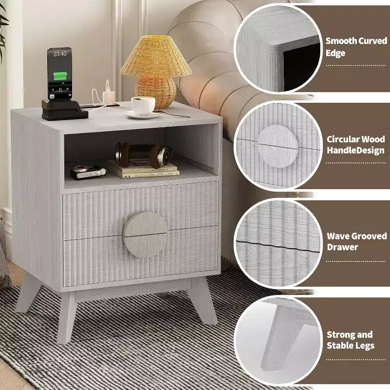 Comodino Grigio Rovere / Noce Scanalato con 2 Cassetti e Ripiano Aperto, 1–2 PEZZI