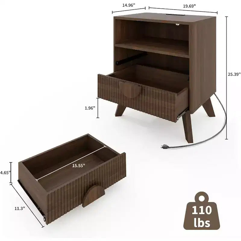 Comodino Grigio Rovere / Noce Scanalato con 2 Cassetti e Ripiano Aperto, 1–2 PEZZI