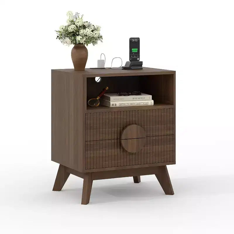 Comodino Grigio Rovere / Noce Scanalato con 2 Cassetti e Ripiano Aperto, 1–2 PEZZI