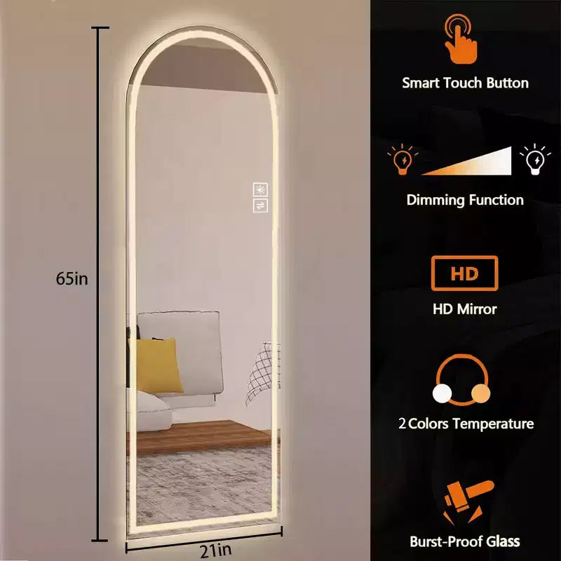 Specchio a LED intero ad arco dorato - da terra e a parete