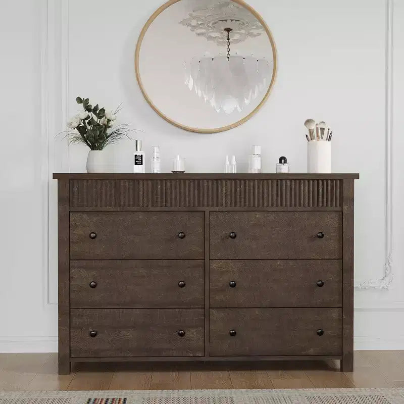 Comò in legno scanalato beige/marrone — Cassettiera a 6 o 7 cassetti per camera da letto, soggiorno e ingresso