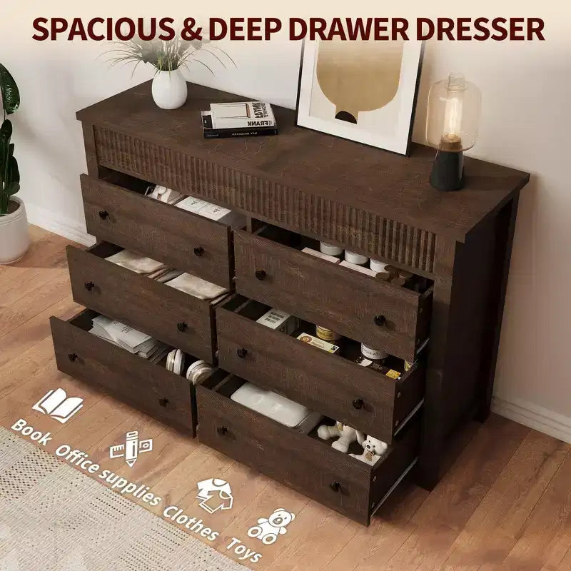 Comò in legno scanalato beige/marrone — Cassettiera a 6 o 7 cassetti per camera da letto, soggiorno e ingresso