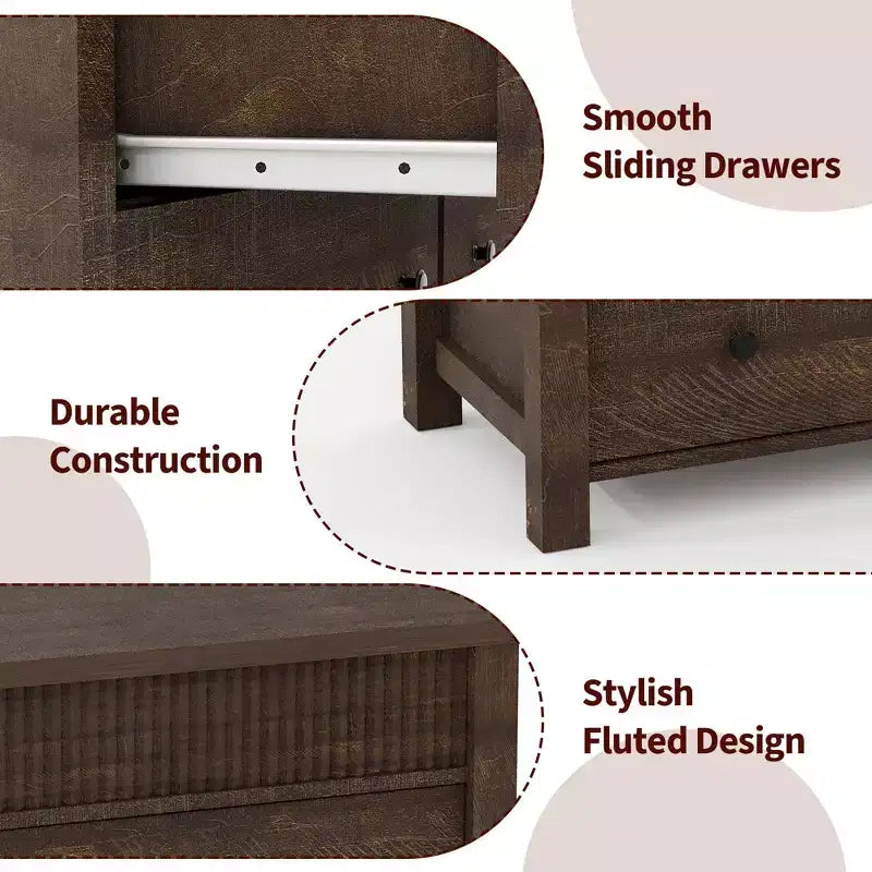 Comò in legno scanalato beige/marrone — Cassettiera a 6 o 7 cassetti per camera da letto, soggiorno e ingresso