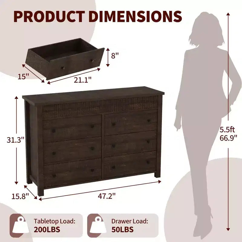 Comò in legno scanalato beige/marrone — Cassettiera a 6 o 7 cassetti per camera da letto, soggiorno e ingresso