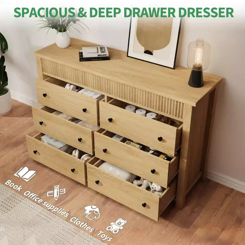 Comò in legno scanalato beige/marrone — Cassettiera a 6 o 7 cassetti per camera da letto, soggiorno e ingresso
