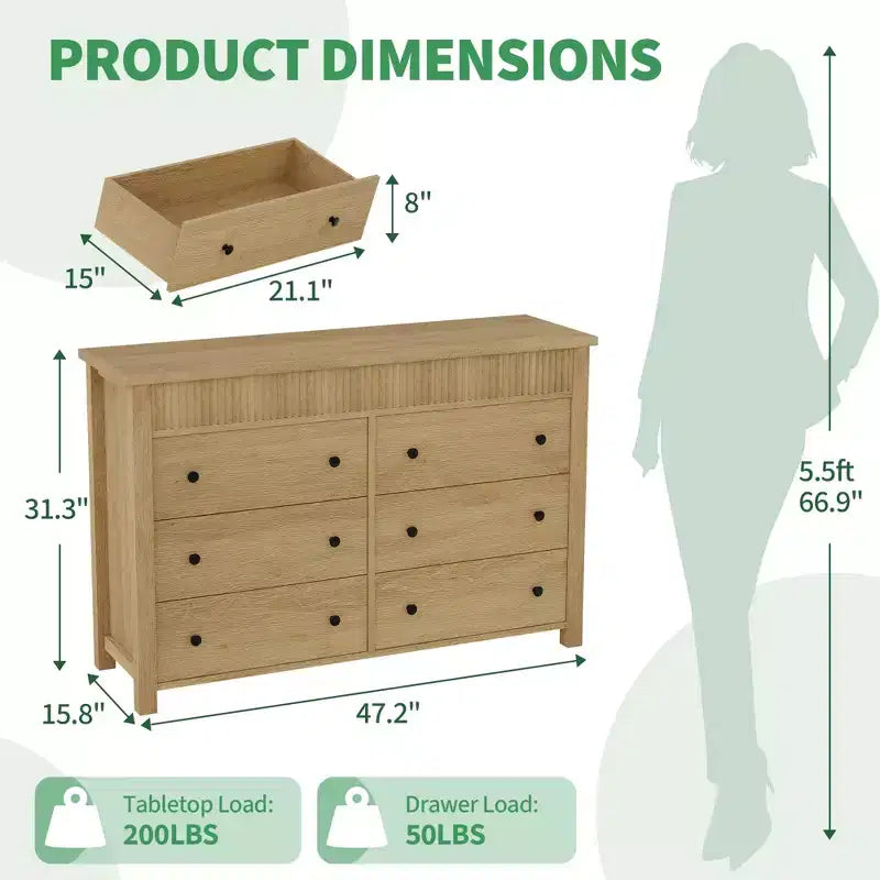 Comò in legno scanalato beige/marrone — Cassettiera a 6 o 7 cassetti per camera da letto, soggiorno e ingresso