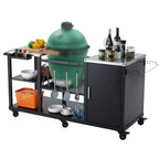GustoWave Heavy-Duty Grill Table for Large Big Green Egg, Outdoor Prep Station with Storage, Stainless Steel Top, Locking Wheels - Black