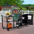 Tavolo Carrello Porta Grill in Acciaio Nero per Barbecue Kamado Grandi, Griglia Singola, Piano in Acciaio Inox, Ruote Bloccabili