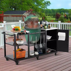 Tavolo Carrello Porta Grill in Acciaio Nero per Barbecue Kamado Grandi, Griglia Singola, Piano in Acciaio Inox, Ruote Bloccabili