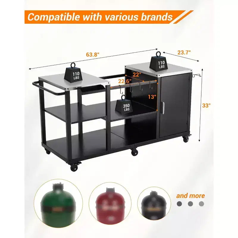 Tavolo Carrello Porta Grill in Acciaio Nero per Barbecue Kamado Grandi, Griglia Singola, Piano in Acciaio Inox, Ruote Bloccabili
