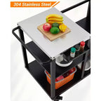 Tavolo Carrello Porta Grill in Acciaio Nero per Barbecue Kamado Grandi, Griglia Singola, Piano in Acciaio Inox, Ruote Bloccabili