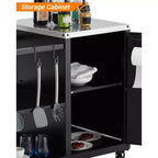 Tavolo Carrello Porta Grill in Acciaio Nero per Barbecue Kamado Grandi, Griglia Singola, Piano in Acciaio Inox, Ruote Bloccabili