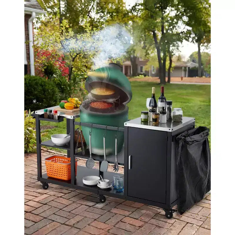 Tavolo Carrello Porta Grill in Acciaio Nero per Barbecue Kamado Grandi, Griglia Singola, Piano in Acciaio Inox, Ruote Bloccabili