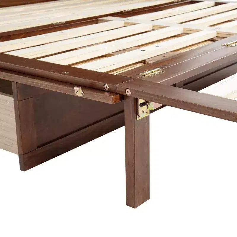 Letto a scomparsa Queen con cassetto, stazione di ricarica e pannello in rattan – Espresso/Noce, 2 posti letto