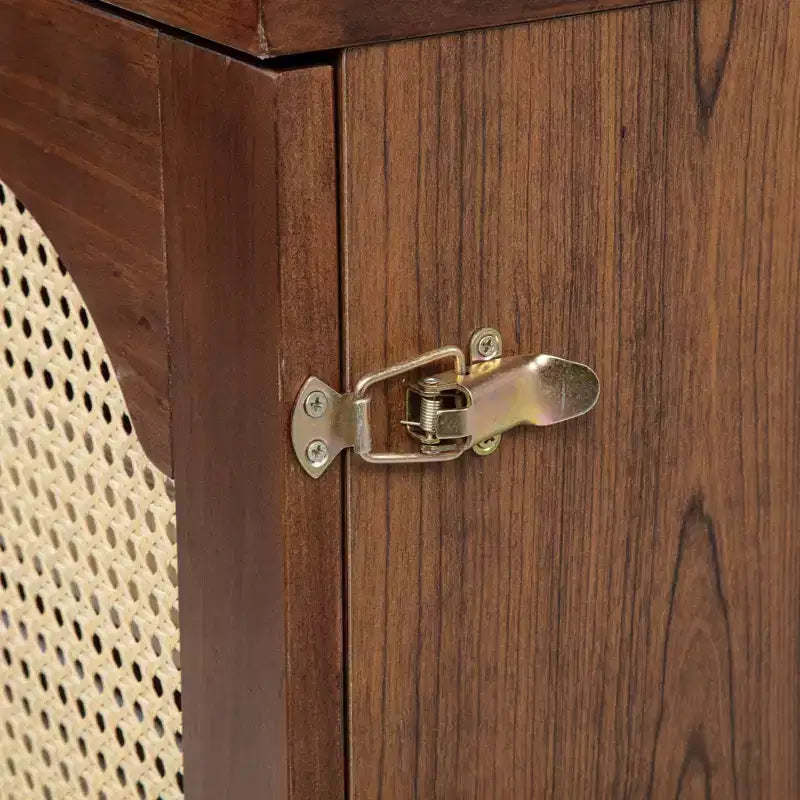 Letto a scomparsa Queen con cassetto, stazione di ricarica e pannello in rattan – Espresso/Noce, 2 posti letto