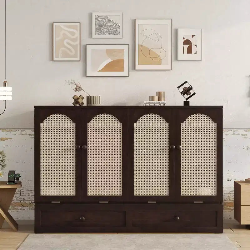 Letto a scomparsa Queen con cassetto, stazione di ricarica e pannello in rattan – Espresso/Noce, 2 posti letto
