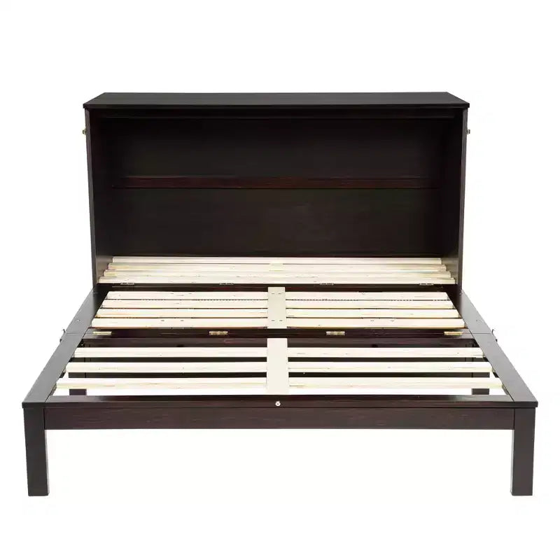 Letto a scomparsa Queen con cassetto, stazione di ricarica e pannello in rattan – Espresso/Noce, 2 posti letto