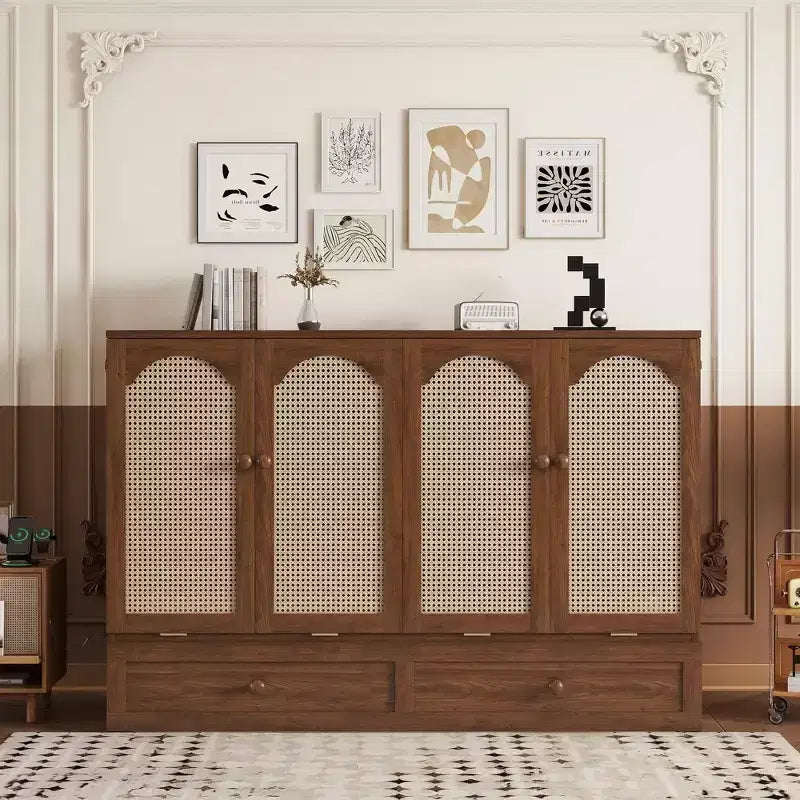 Letto a scomparsa Queen con cassetto, stazione di ricarica e pannello in rattan – Espresso/Noce, 2 posti letto