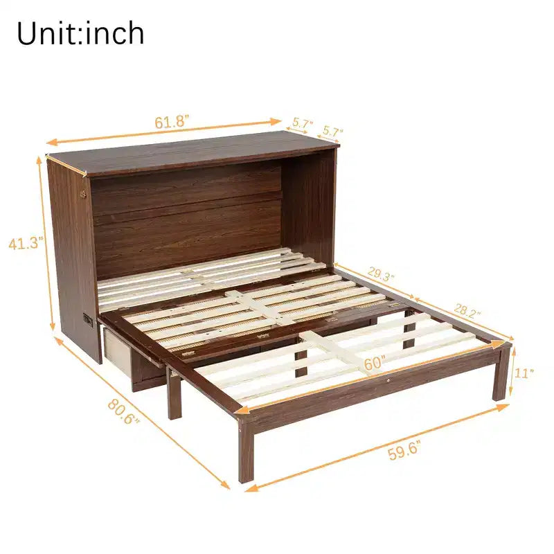 Letto a scomparsa Queen con cassetto, stazione di ricarica e pannello in rattan – Espresso/Noce, 2 posti letto