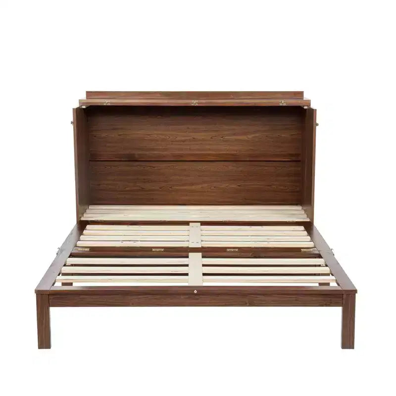 Letto a scomparsa Queen con cassetto, stazione di ricarica e pannello in rattan – Espresso/Noce, 2 posti letto