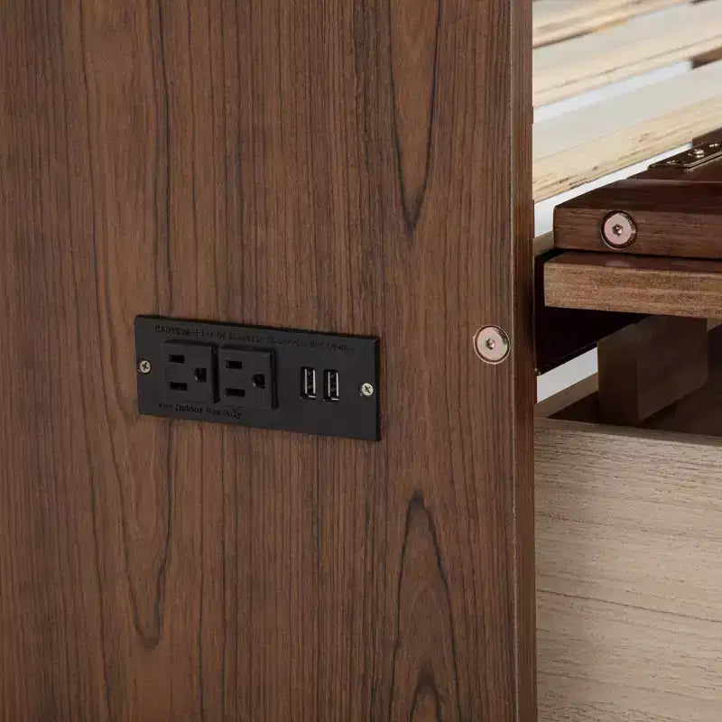 Letto a scomparsa Queen con cassetto, stazione di ricarica e pannello in rattan – Espresso/Noce, 2 posti letto
