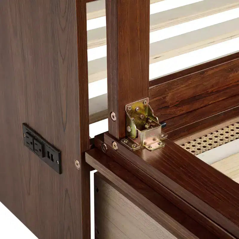 Letto a scomparsa Queen con cassetto, stazione di ricarica e pannello in rattan – Espresso/Noce, 2 posti letto